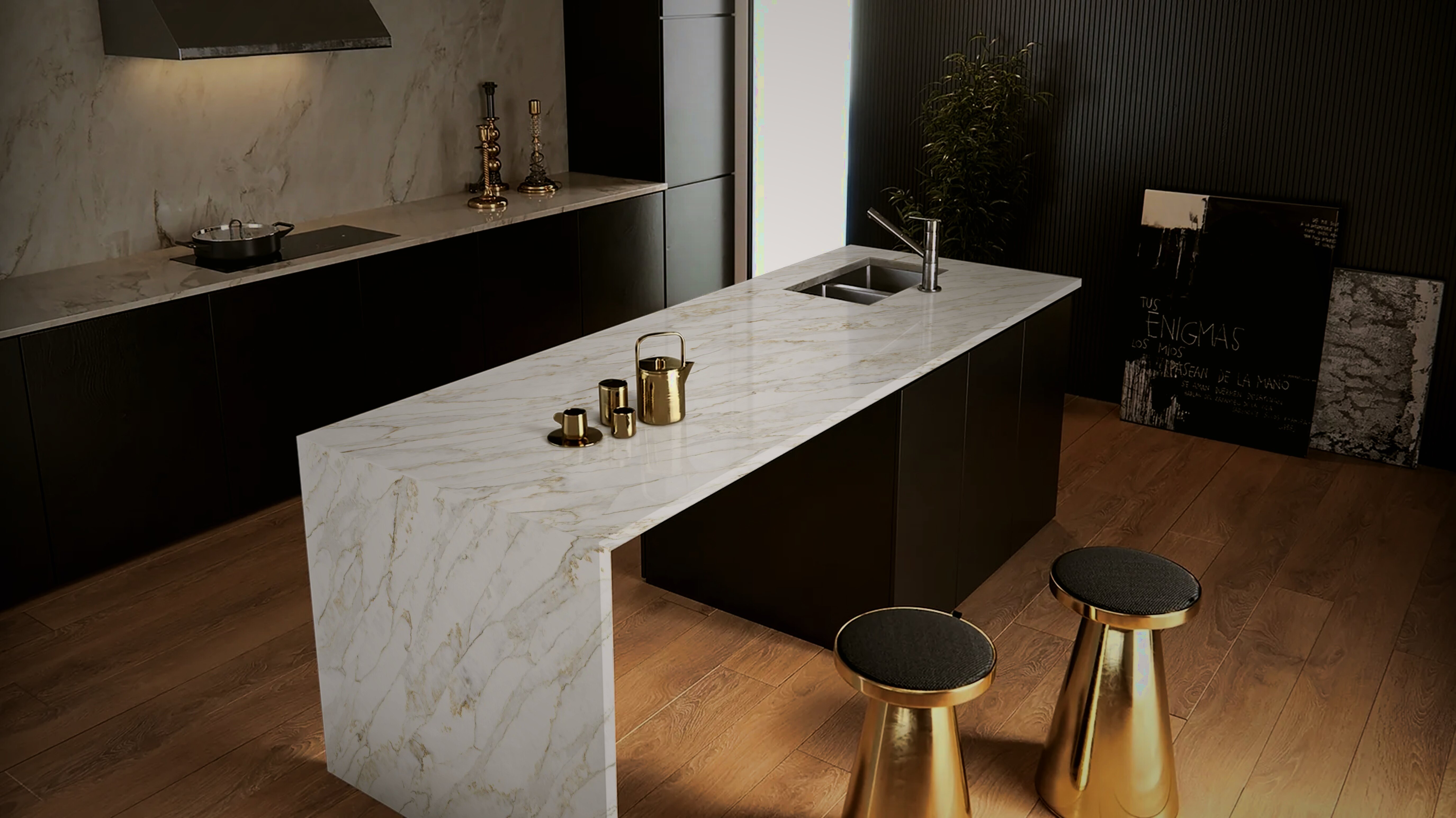 EuroStone Zero Arabescato Gold installed as a kitchen island, gold veining running across the waterfall edge