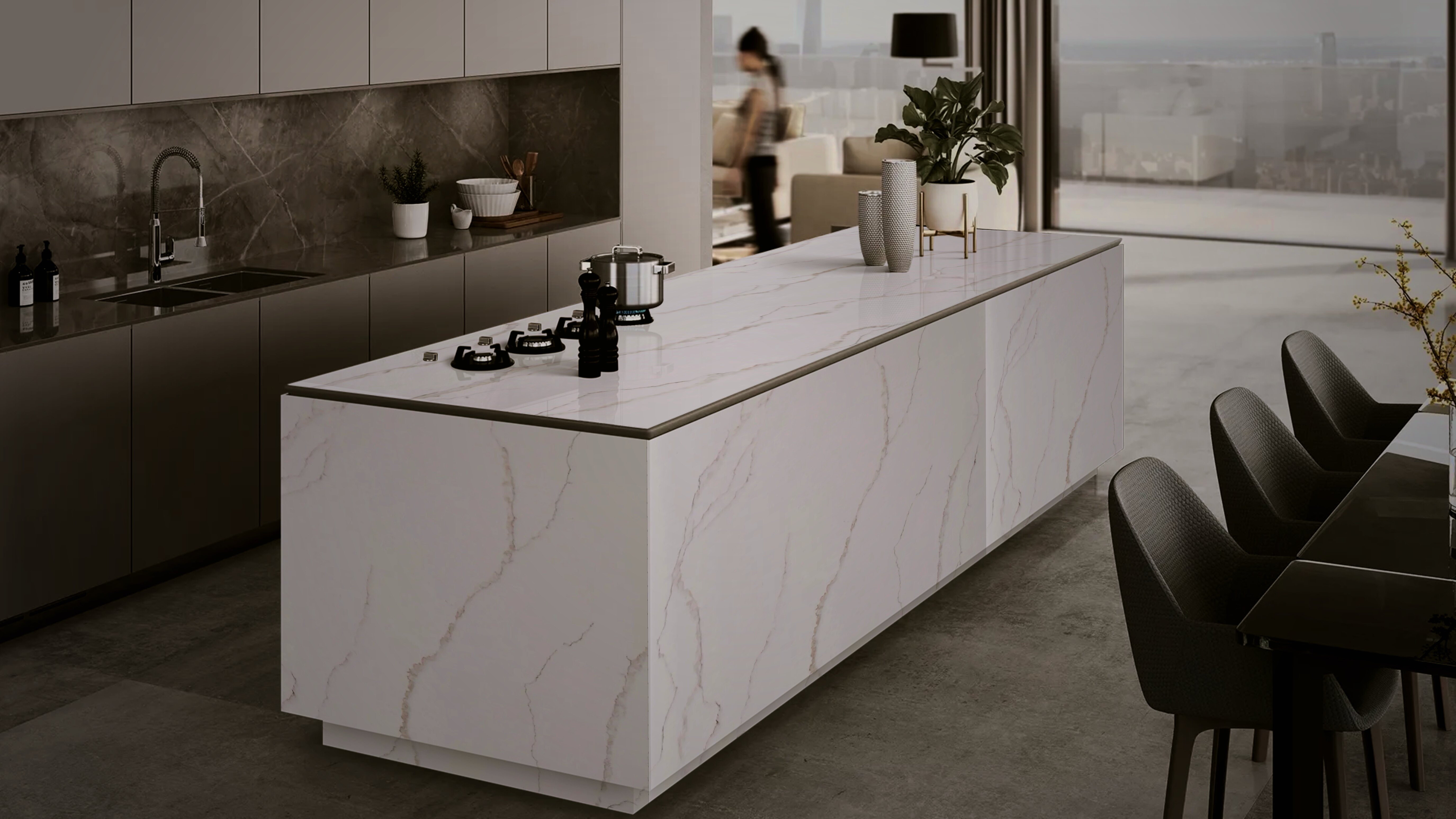 Interior finished in EuroStone Zero Statuario Nuovo Gold quartz