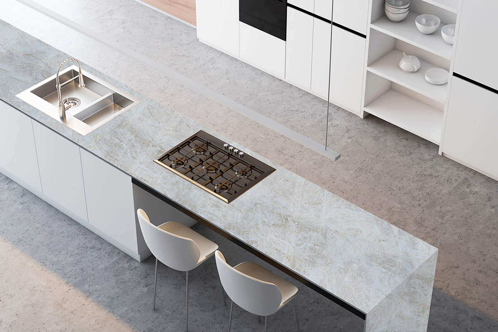 Luxury kitchen with a EuroStone Zero Taj Mahal quartz waterfall island and seating